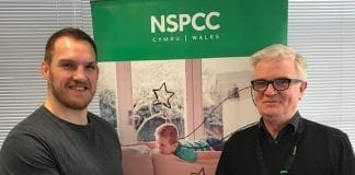 Welsh rugby star Gethin Jenkins visits NSPCC Cardiff service centre Gethin Jenkins with Des Mannion