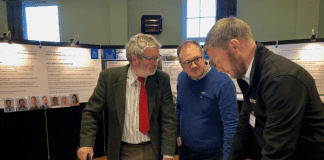 PROPOSED REDSTONE CROSS SCHEME GETS THUMBS UP FROM LABOUR POLITICIANS Cllr Vic Dennis and Marc Tierney viewing plans at the recent A40 Penblewin Redstone Cross consultation event in Llanddewi Velfrey.