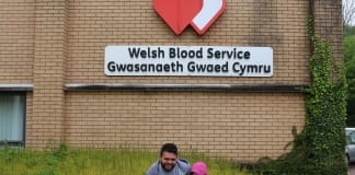 Platelet donor calls on others to join him in the fight against Blood Cancer Adam Lucy Left and Hannah right outside WBS Talbot Green.
