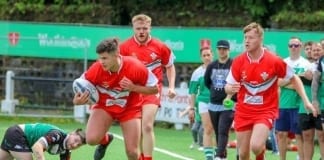 Wales Students name their squad for Edinburgh Four Nations Rowland Kaye on the ball supported by Fraser Stroud and Ellis Simon credit James Kaye e1560244385659