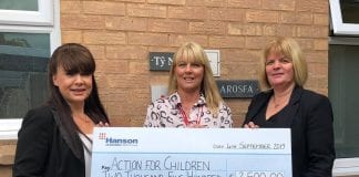 Hanson fun day raises £2500 for Action for Children Jo Hodson from Hanson left Nikki Booth from Action for Children centre and Denise Donovan from Hanson with the cheque for £2500 at Arosfa short breaks service
