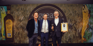 Great Taste Golden Fork from Wales announced L to R John Farrand Guild of Fine Food David Morris Food and Drink Wales and Sam Cooper New Quay Honey Farm Afon Mêl