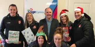 Wales Women’s side donate gifts to Age Cymru Back L R Charlie Mundy Karla Benjamin Michael Phillips
