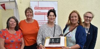 SENEDD PARTY TO MARK ACTION FOR CHILDREN’S 150TH BIRTHDAY left to right afc staff deb parker sue marsden wales committee chair Debby Morgan Ali Long and national director brigitte gater scaled