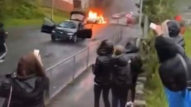 WAL Cars Being Smashed Up  Set On Fire And Rolled Down The Street In Mayhill  Swansea  1 