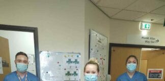 Elusennau Iechyd Hywel Dda am godi arian ar gyfer Ysbyty’r Tywysog Philip cardiac monitor PPH Nadine Hughes RN Travis Davies RN Chelsea Cook STN
