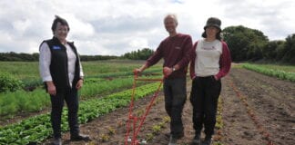 Farming Connect restarts its on-site events programme Delana Davies with Adam and Lesley York scaled