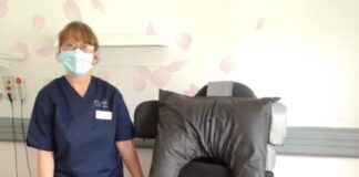 Hywel Dda Health Charities on a new adjustable seat purchased for the Ty Bryngwyn specialist palliative care unit at Prince Philip Hospital Adjustable seat Ty Bryngwyn Marlene Thomas