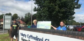 Elusennau Iechyd Hywel Dda ar fwy o godi arian gan Gwyndaf Lewis, a gollodd ei fam i COVID Gwyndaf Lewis YFC fundraiser cheque handover scaled