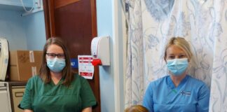 Hywel Dda Health Charities on Withybush Hospital chairs for Withybush Gynae Gemma Morgan Amanda Carroll and Becci Rees.
