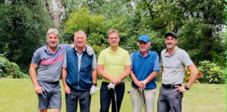 Fundraisers take to the fairway in Cardiff to raise funds for children’s charity Andy Moore Wayne Ponchaud Phil Moore and Simon Moore pictured with Club Pro Jamie Smith centre on the 18th hole
