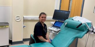 Hywel Dda Health Charities on new equipment for Bronglais Hospital Couch for cardiorespiratory Bronglais Ceris Jones
