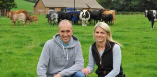 Benefits and pitfalls of clover overseeding examined at Welsh farm Edward left and Kate right Jones who farm at Cefngwilgy Fawr a Farming Connect demonstration site near Llanidloes. scaled