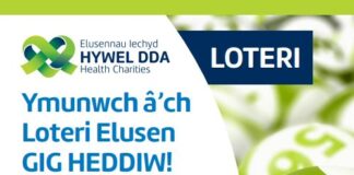 Elusennau Iechyd Hywel Dda ar lansiad ein helusen newydd Loteri! Hywel Dda Health Charities Lottery poster Welsh