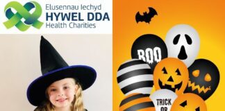 Hywel Dda Health Charities on Hallowe’en balloon race CANVA Balloons and Menna