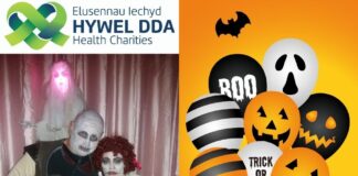 Elusennau Iechyd Hywel Dda ar Ras Balŵn Eco Calan Gaeaf CANVA Di and Ade