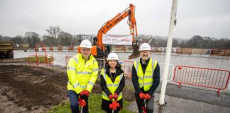 Ground-breaking event marks work commencing at Garden Village development in Pontllanfraith CDF 160322 CF Chartist Garden Village 003 l r James Duffett of Lovell Councillor Philippa Marsden and Neil Barber of Pobl scaled