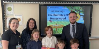 Towergate Insurance Brokers becomes Corporate Engagement Partners for Baglan Primary Abigail Cooper 2B Enterprising Mrs Giles Teacher at Baglan Primary her students and Scott Mewse Towergate Insurance