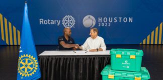 Letter – celebrating the power of partnership Sanj Srikanthan ShelterBox and John Hewko Rotary International. Credit Rotary International scaled