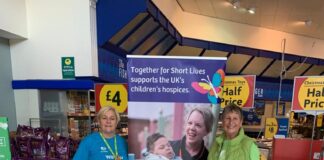 Morrisons raise £5 million for charity partner Together for Short Lives and children’s hospices including Tŷ Hafan Fran Jellings Morrisons Community Champion Cardiff Bay with Ty Hafan volunteer Lyn Hull min