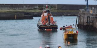 Fishguard volunteer crew launch in darkness during Storm Betty Photo