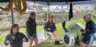 Merched y Mor raise £1,800 in Solva 24-hour row for World’s Toughest Row action shot min scaled