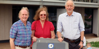 Deputy Minister for Mental Health and Wellbeing Lynne Neagle and MS for Cardiff North Julie Morgan officially open Lisvane and Llanishen Reservoirs with the Reservoir Action Group LLL Opening 7 Sept 2023. L R Andrew Hill Julie Morgan Richard Cowie 2 scaled