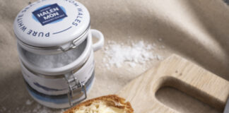 Castle Dairies Welsh Butter with Halen Môn Sea Salt Crystals now available nn Ocado! Halen Mon Instagram shot with HW pot scaled