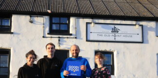 Old Point House at Angle, Pembrokeshire wins Good Food Award Jonathan WIlliams holding the award with some of the Old Point House crew L R Clare Luke and Miska scaled