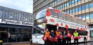 Poppies to Paddington: Royal Navy helicopter and ‘Poppy Bus’ lend support to Great Western Railway and The Veterans Charity Poppy Bus at Plymouth scaled