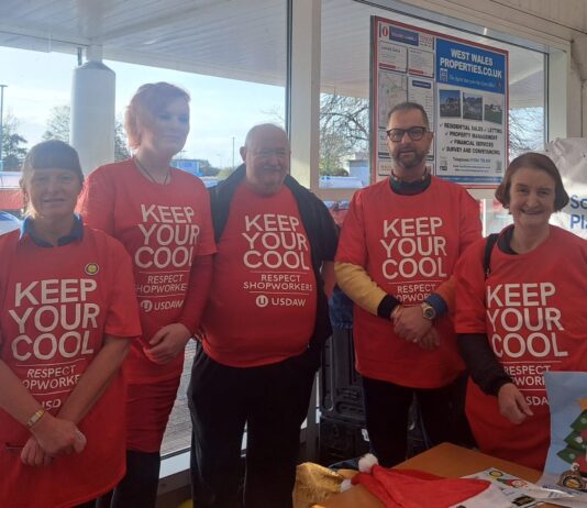 Llanelli MP backs “Freedom from Fear” shopworkers campaign on visit to Tesco Store, Trostre USDAW 1 002
