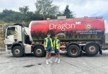 Caws a menyn Dragon Cymru yn parhau i fod yn ddanteithion blasus i’r Scarlets Eddie James and Callum Williams on their visit to Dragon Cheese L R scaled