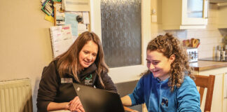 Farming Connect services a conduit to multiple improvements on Welsh family farm Elin Williams Farming Connect Development officer giving Elin Orrells advice on how to apply for a funded training course