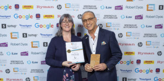 Carmarthenshire based Sarah Lou Crafts receives small business award from Dragons’ Den’s, Theo Paphitis. SBS Photo with Theo scaled