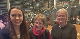 Talented Pembrokeshire sixth former mingles with senior Welsh women l to r Elinor Pritchard Joyce Watson MS Dame Amanda Blanc at Senedd
