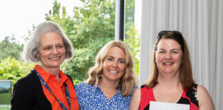 25 June 2024: Bereaved mums from Wales win Support Award at national baby loss charity l r Sands CEO Clea Harmer with Volunteer Award Winners 24 Hayley Vallance and Astra Shipton