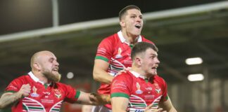 Men’s Rugby League World Cup qualifiers announced Rhodri Lloyd celebrates scoring a try against Cook Islands in Rugby League World Cup 2021. credit Mark Stringer