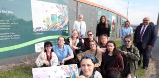 Bouygues UK and Carmarthenshire County Council celebrate new Pentre Awel hoarding designed by Coleg Sir Gâr students. csg event image