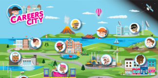Careers Wales adds TikTok Influencer and Volcanologist to Careers City resource for primary schools Careers City graphic English