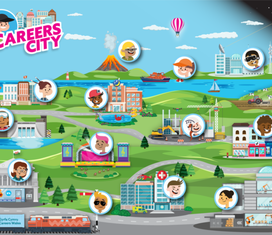 Careers Wales adds TikTok Influencer and Volcanologist to Careers City resource for primary schools Careers City graphic English