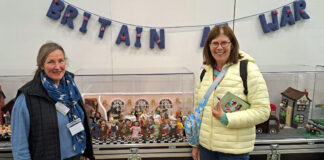 Special VE Day wool art installation wows Wonderwool Wales visitors Tansy and Claire Holmes at Wonderwool Wales