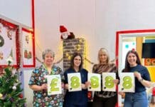 Dawns elusennol yn codi dros £8k i ward blant Bronglais Angharad Ward staff celebrate their fundraising