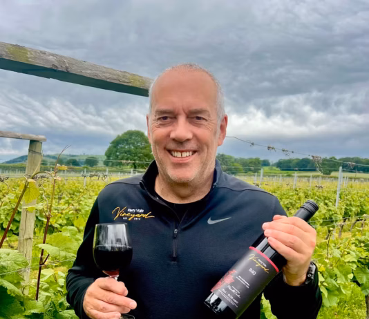 Kerry Vale Vineyard launches a new 1140 red wine during English Wine Week Russell Cooke with red wine