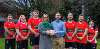 Specsavers calls on children to design Wales Deaf Rugby World Cup shirts Specsavers audiologist Kyle James centre right with Wales Deaf Rugby chair Siân Elin Melbourne c