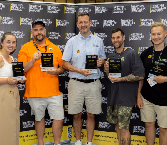 Welsh heating installer crowned UK’s best HIA 2026 winners group L R Daisy Turner Daniel Davies James Lacey George Tiefenthaler Adam Dare