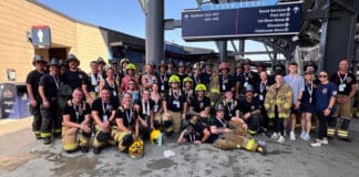 Diffoddwyr Tân Gwasanaeth Tân ac Achub Canolbarth a Gorllewin Cymru (GTACGC) yn Cwblhau Her Dringo Grisiau 9/11! MAWWFRS Atlanta 2 cropped
